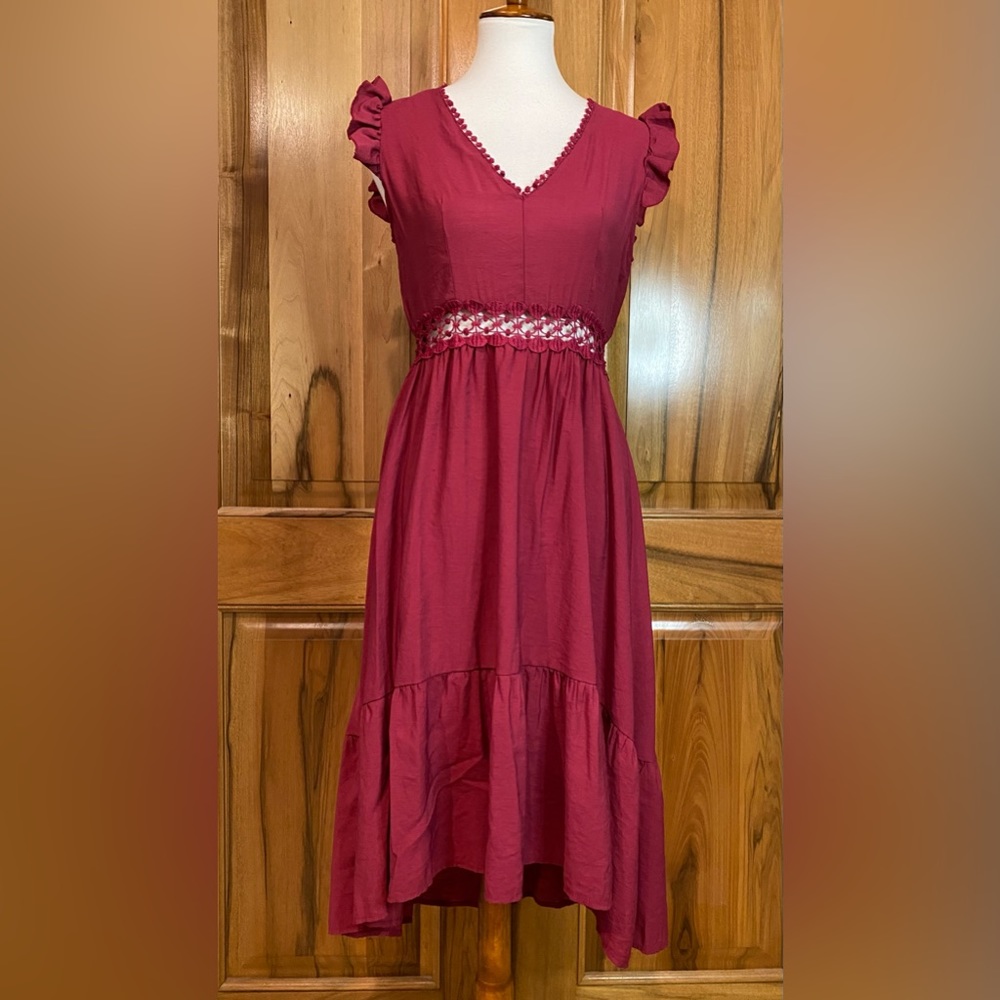 Super Cute Deep Red Ruffled Cap Sleeve/ Peekaboo Crochet Detailed Dress, EUC M